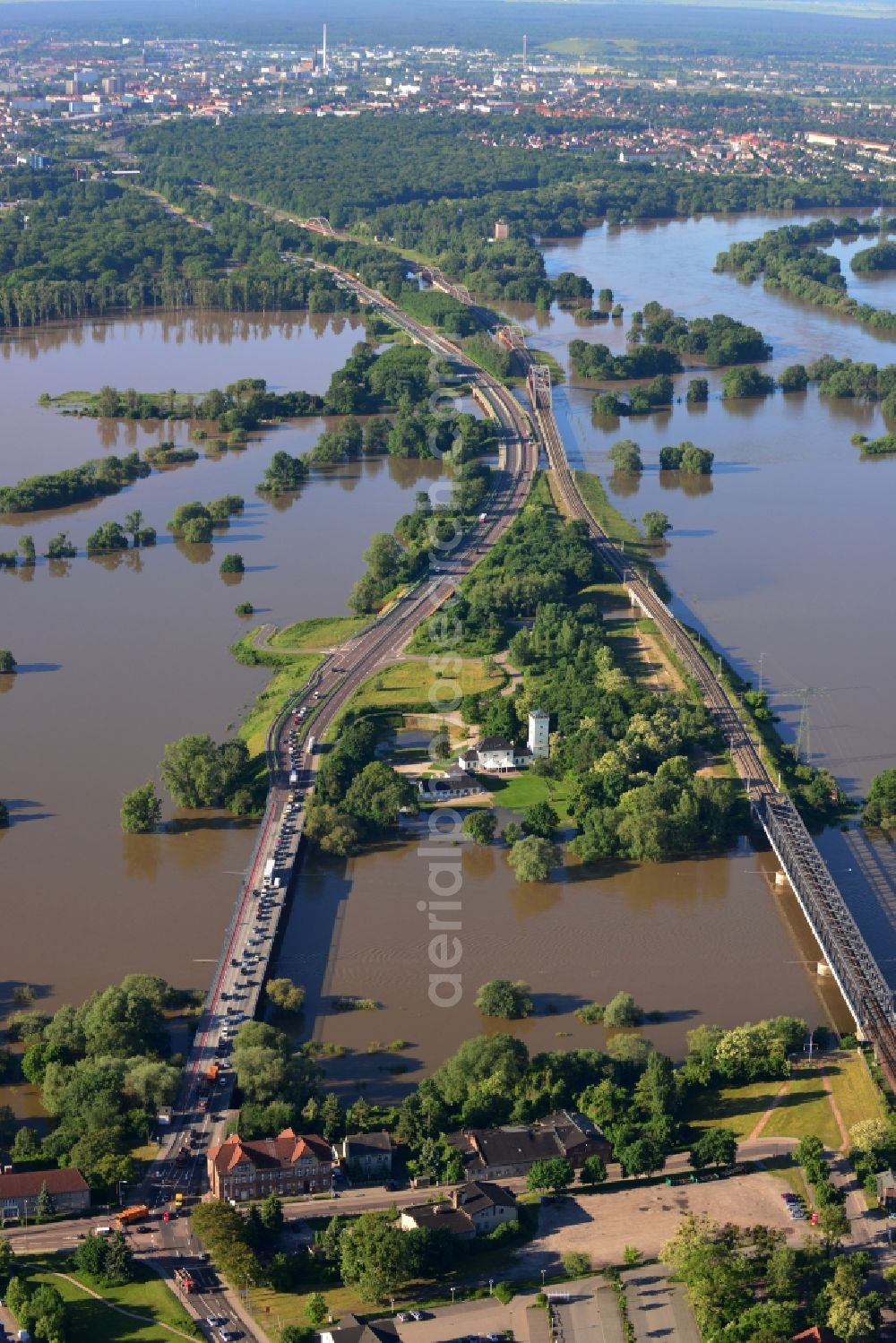 Dessau-Roßlau from above - Flood level - situation from flooding and overflow of the banks of the Elbe in Dessau in Saxony-Anhalt