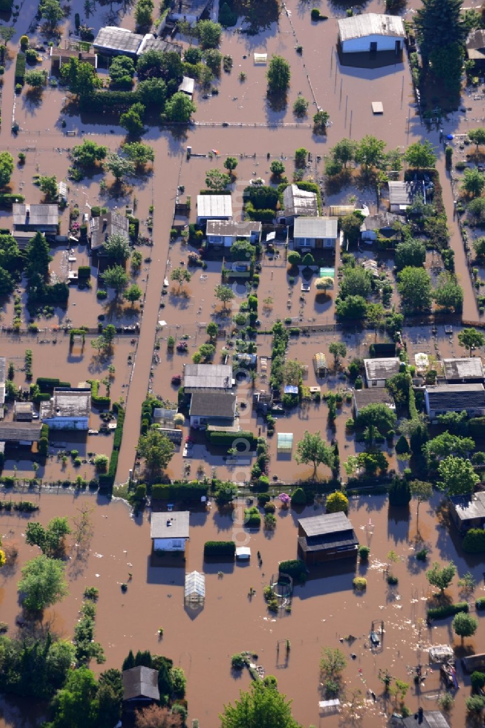 Dessau-Roßlau from above - Flood level - situation from flooding and overflow of the banks of the Mulde in Dessau in Saxony-Anhalt