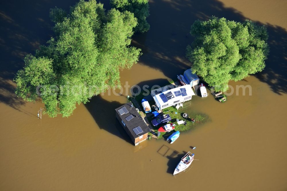 Dessau-Roßlau from above - Flood level - situation from flooding and overflow of the banks of the Elbe in Dessau in Saxony-Anhalt