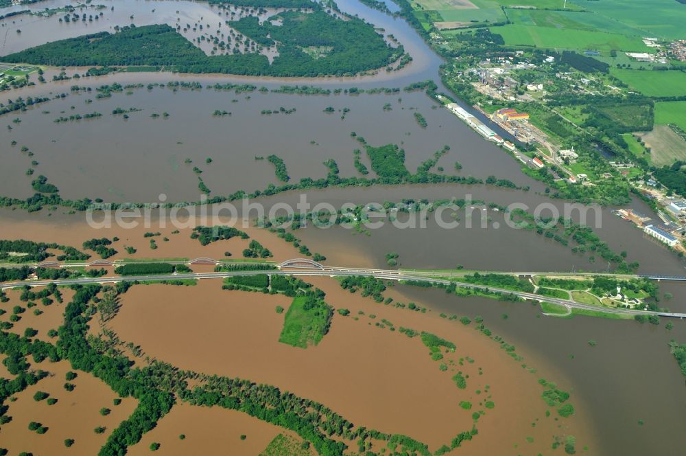 Aerial photograph Dessau-Roßlau - Flood level - situation from flooding and overflow of the bank of the Mulde at Dessau-Rosslau in Saxony-Anhalt