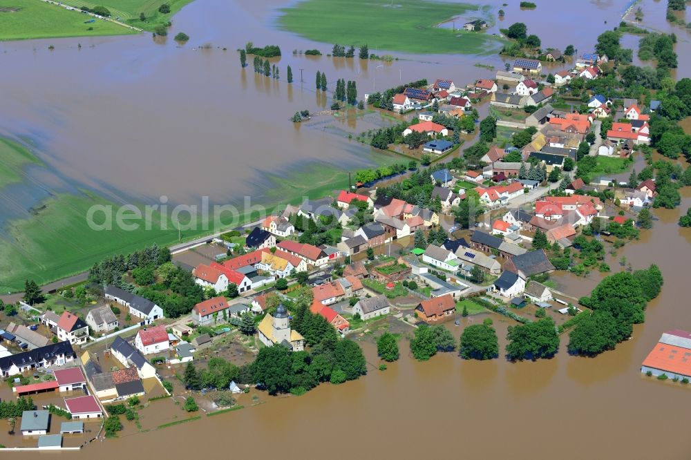 Glaucha OT Oberglaucha from above - Flood level - situation from flooding and overflow of the bank of the Mulde in Glaucha destrict Oberglaucha inSaxony