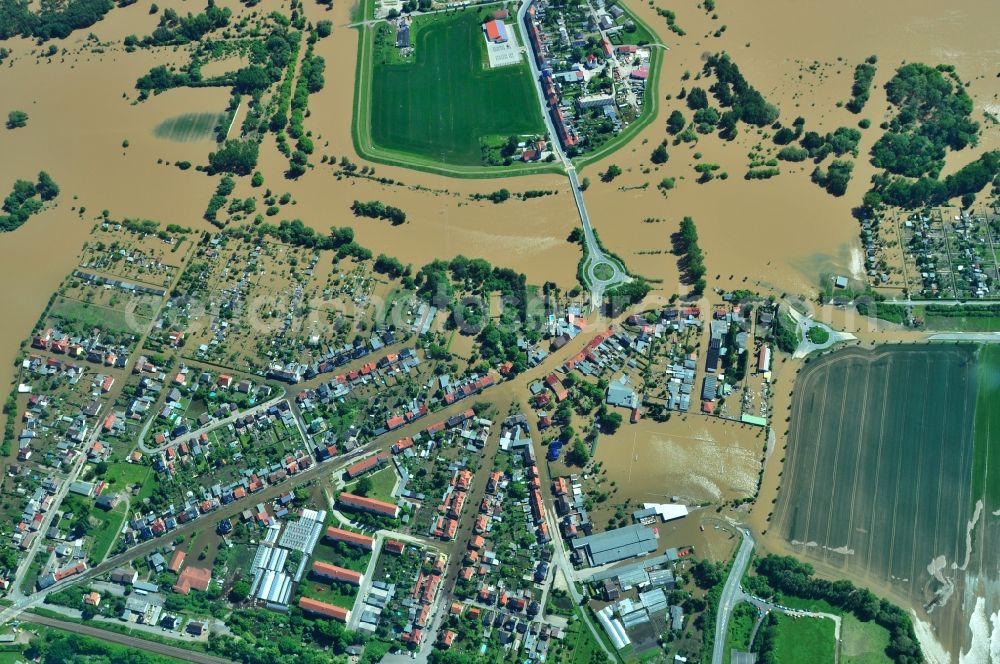 Jeßnitz from above - Flood level - situation from flooding and overflow of the bank of the Mulde at Jeßnitz in Saxony-Anhalt