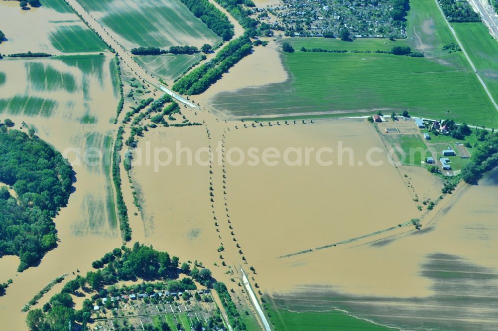 Jeßnitz from above - Flood level - situation from flooding and overflow of the bank of the Mulde at Jeßnitz in Saxony-Anhalt