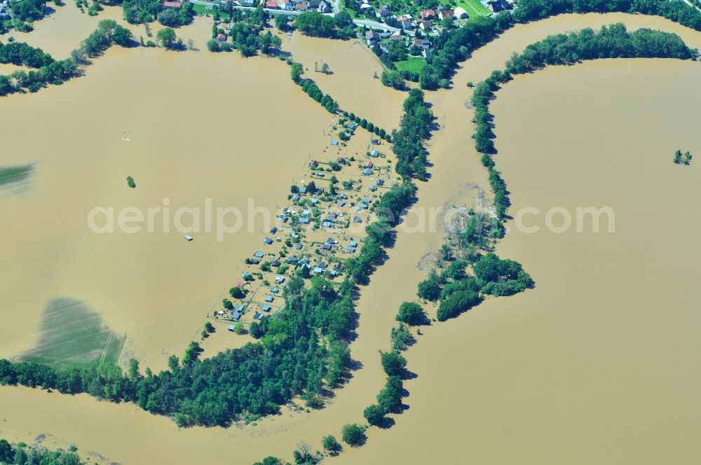 Rösa from the bird's eye view: Flood level - situation from flooding and overflow of the bank of the Mulde at Rösa in Saxony-Anhalt