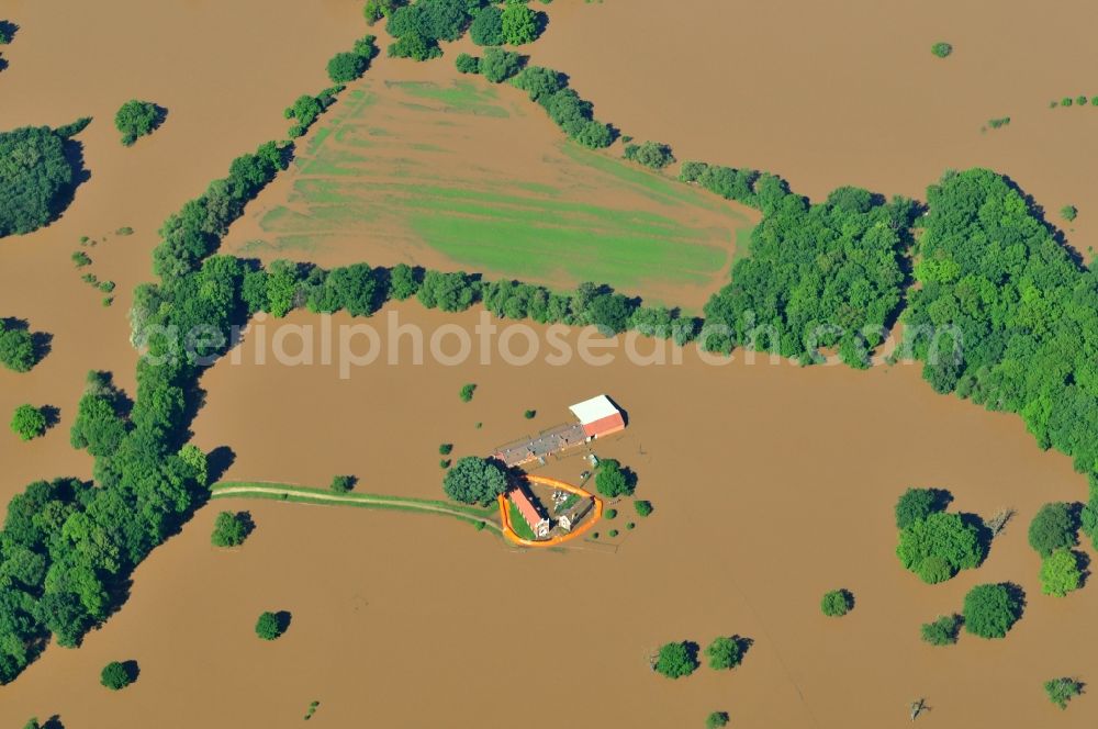 Waldersee from above - Flood level - situation from flooding and overflow of the bank of the Mulde at Waldersee in Saxony-Anhalt