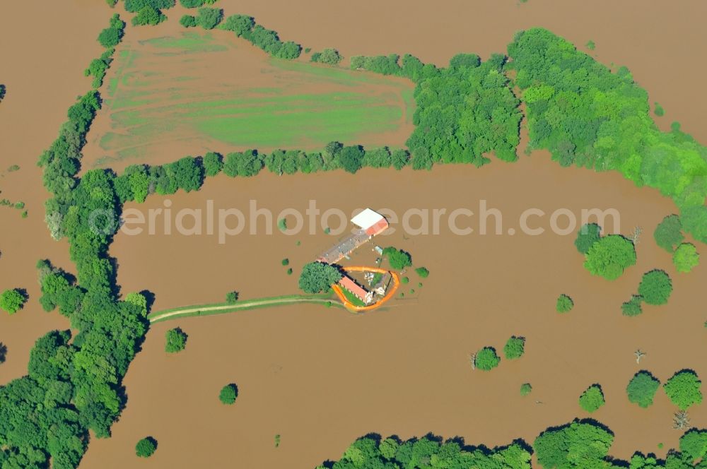 Waldersee from the bird's eye view: Flood level - situation from flooding and overflow of the bank of the Mulde at Waldersee in Saxony-Anhalt