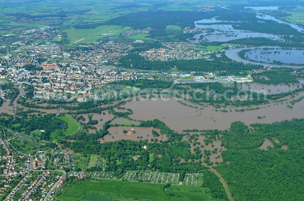 Waldersee from the bird's eye view: Flood level - situation from flooding and overflow of the bank of the Mulde at Waldersee in Saxony-Anhalt