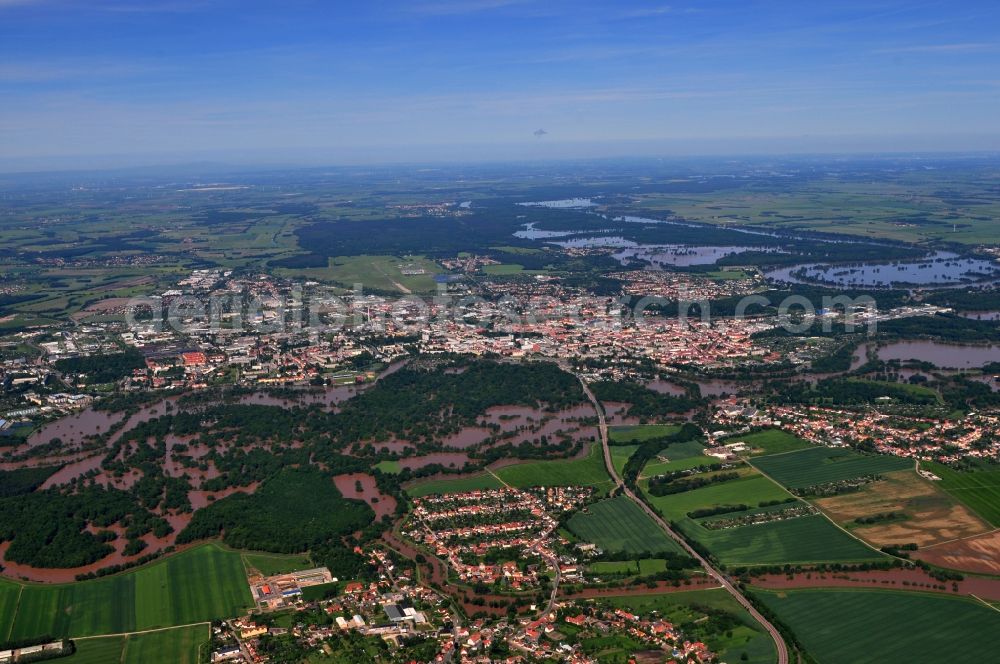 Waldersee from above - Flood level - situation from flooding and overflow of the bank of the Mulde at Waldersee in Saxony-Anhalt