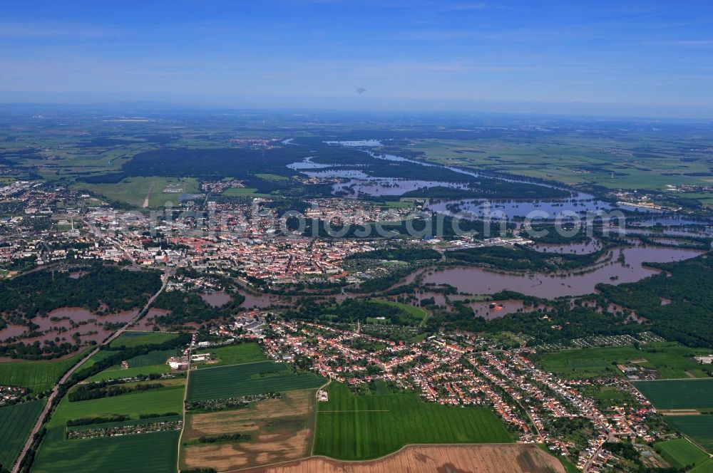 Waldersee from the bird's eye view: Flood level - situation from flooding and overflow of the bank of the Mulde at Waldersee in Saxony-Anhalt