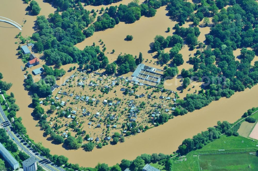 Dessau-Roßlau from above - Flood level - situation from flooding and overflow of the bank of the Mulde at Dessau-Rosslau in Saxony-Anhalt