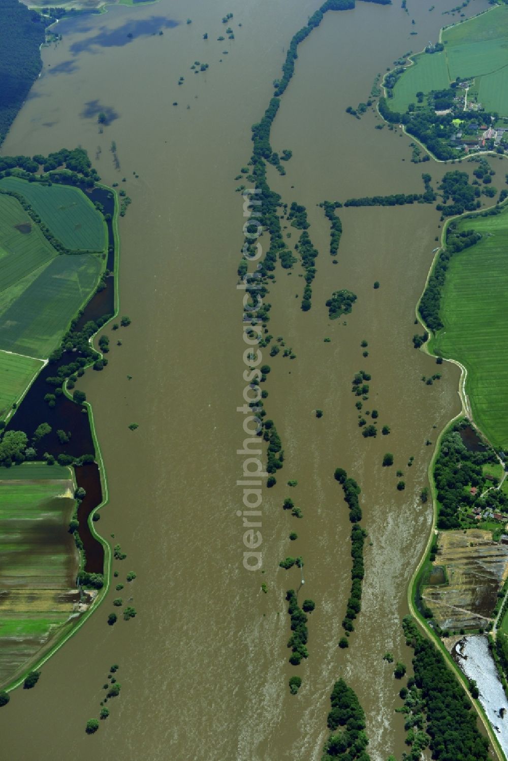 Rhinow from above - Flood level - situation by flooding the Havelaue west of Rhinow in Brandenburg