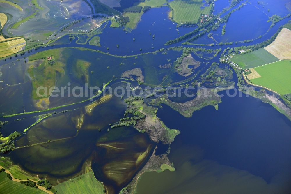 Rhinow from above - Flood level - situation by flooding the Havelaue west of Rhinow in Brandenburg