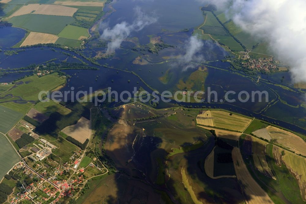 Rhinow from above - Flood level - situation by flooding the Havelaue west of Rhinow in Brandenburg