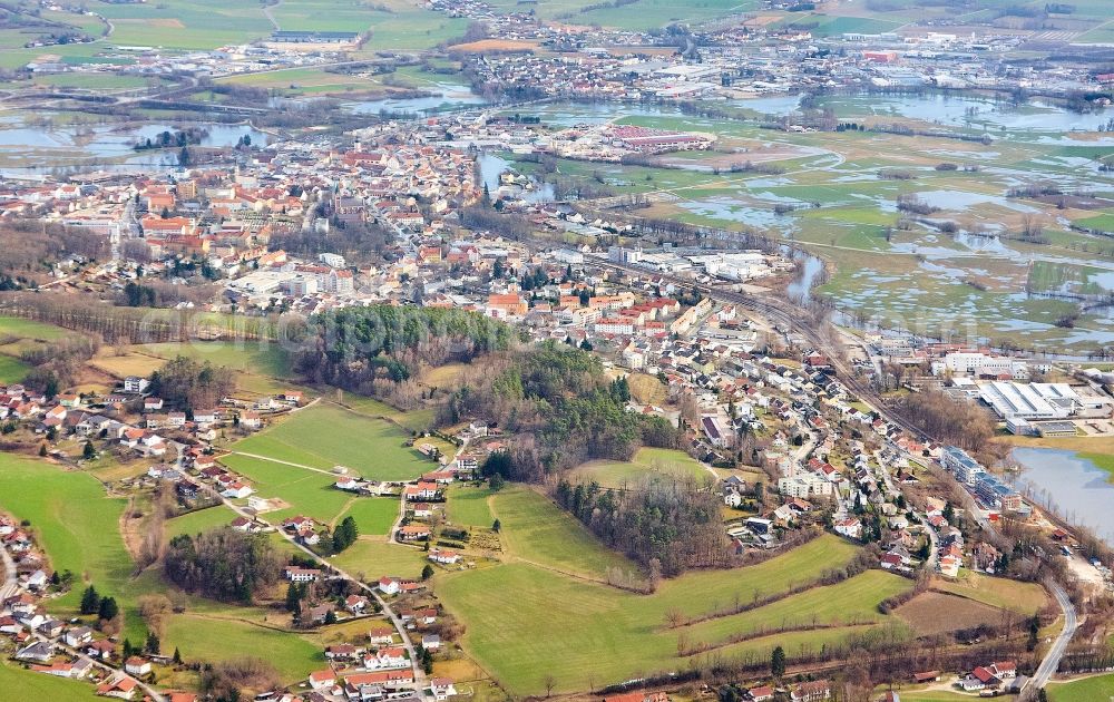 Cham from the bird's eye view: Flood situation around and in the area in Cham in the state Bavaria, Germany