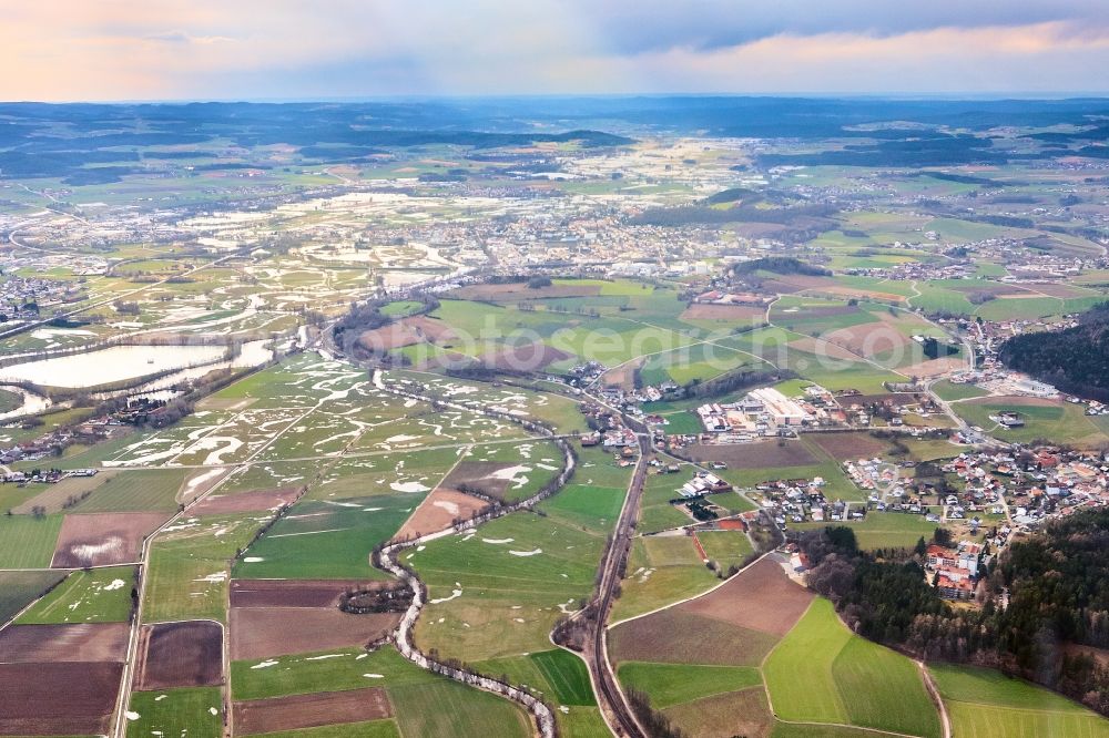 Cham from the bird's eye view: Flood situation around and in the area in Cham in the state Bavaria, Germany