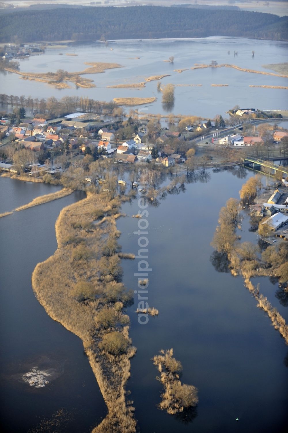 Aerial image Milow - Flood situation around and in the area in Milow in the state Brandenburg, Germany