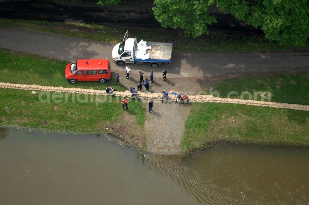 Ratzdorf from above - Flood situation around and in the area in Ratzdorf in the state Brandenburg, Germany