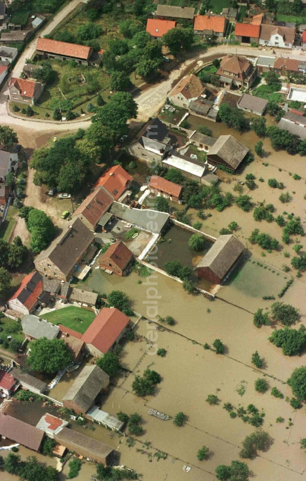 Ratzdorf from above - Flood situation around and in the area in Ratzdorf in the state Brandenburg, Germany