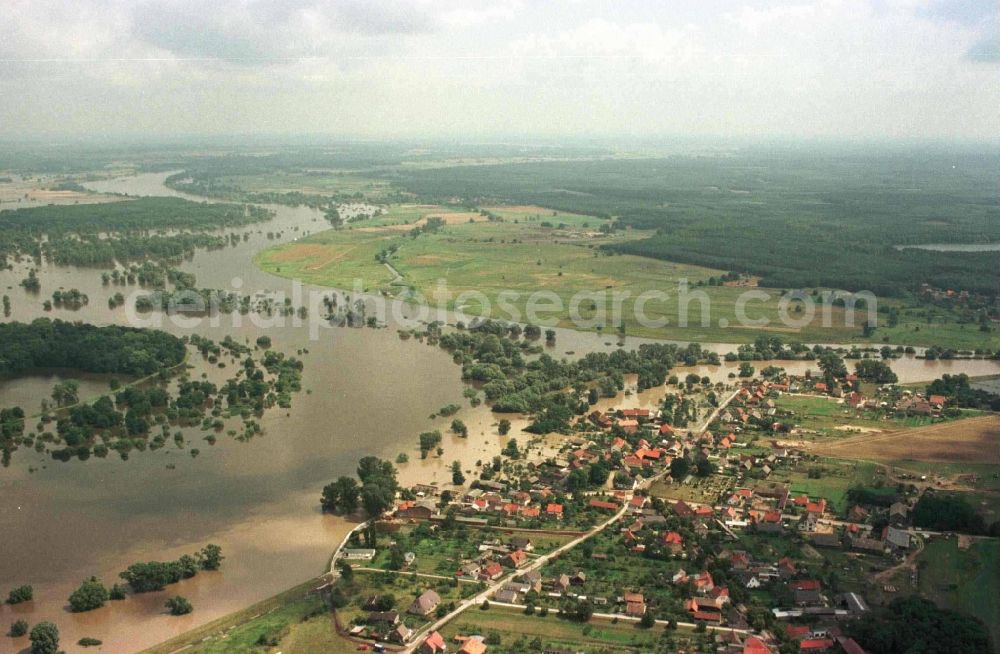 Ratzdorf from above - Flood situation around and in the area in Ratzdorf in the state Brandenburg, Germany