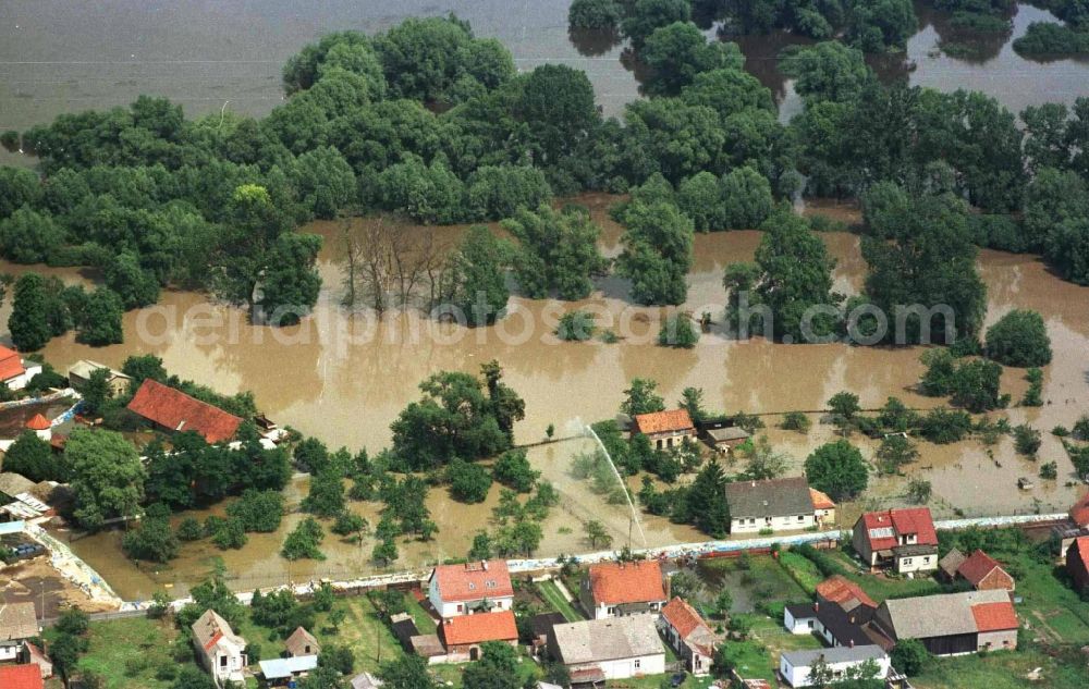 Aerial image Ratzdorf - Flood situation around and in the area in Ratzdorf in the state Brandenburg, Germany