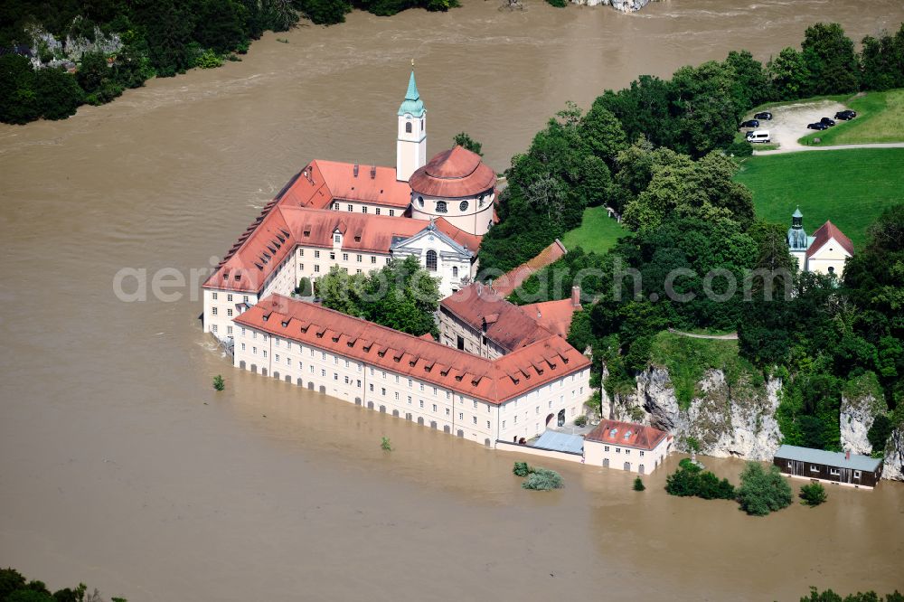 Weltenburg from above - Flooding of the Danube at the building complex of the monastery on Asamstrasse on the banks of the Danube in Weltenburg in the state of Bavaria, Germany