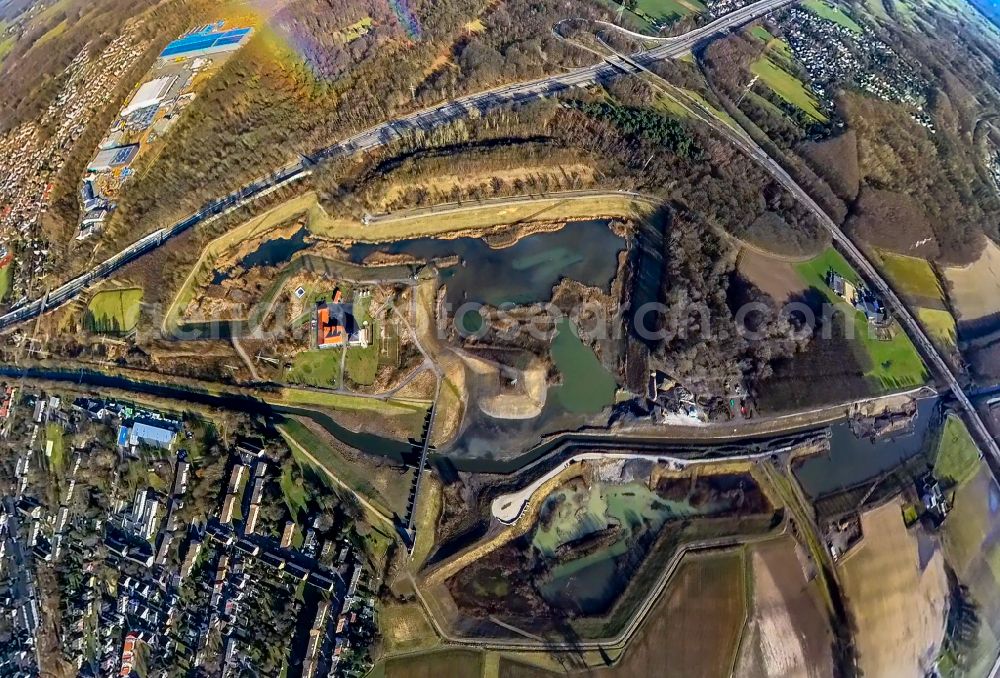 Aerial image Brüninghausen - Flood - retention basin - protective dam construction Hochwasserrueckhaltebecken Mengede / Emscher-Auen in Brueninghausen at Ruhrgebiet in the state North Rhine-Westphalia, Germany