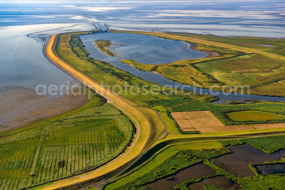 Aerial photograph Krummhörn - Flood - retention basin - protective dam construction at the Leyhoern nature reserve in Krummhoern in the state Lower Saxony, Germany