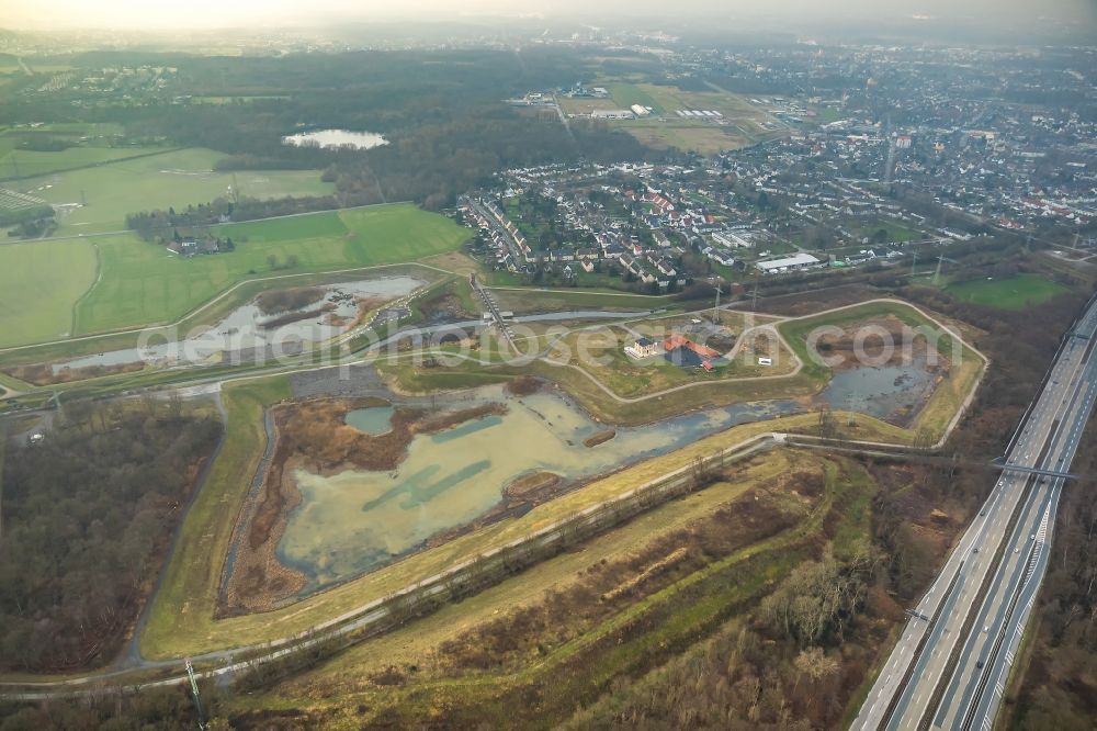 Castrop-Rauxel from above - Flood - retention basin - protective dam construction on Rittershofer Strasse in Castrop-Rauxel in the state North Rhine-Westphalia, Germany