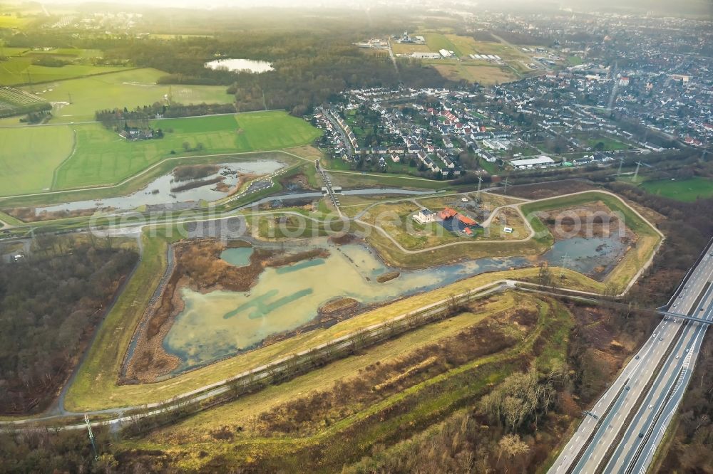 Castrop-Rauxel from the bird's eye view: Flood - retention basin - protective dam construction on Rittershofer Strasse in Castrop-Rauxel in the state North Rhine-Westphalia, Germany