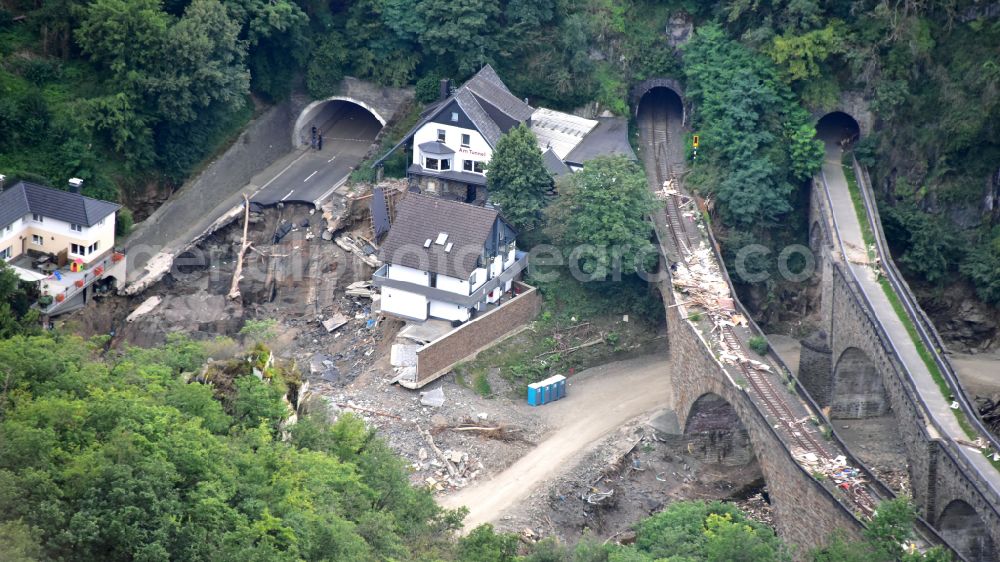 Altenahr from the bird's eye view: Flood damage and reconstruction construction sites in the floodplain of Ahr in Altenahr Ahrtal in the state Rhineland-Palatinate, Germany