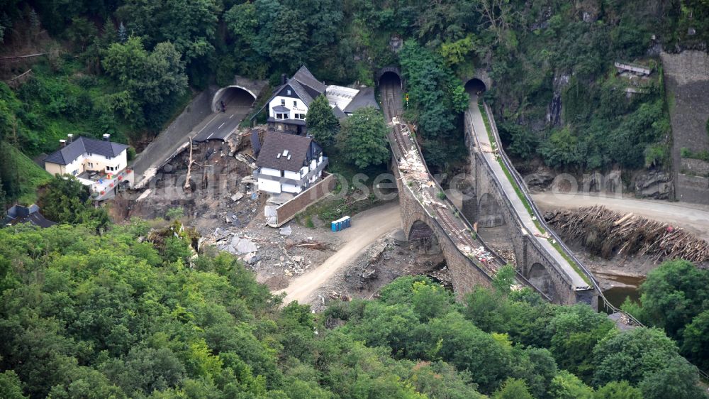 Aerial image Altenahr - Flood damage and reconstruction construction sites in the floodplain of Ahr in Altenahr Ahrtal in the state Rhineland-Palatinate, Germany