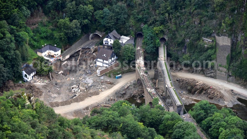 Aerial photograph Altenahr - Flood damage and reconstruction construction sites in the floodplain of Ahr in Altenahr Ahrtal in the state Rhineland-Palatinate, Germany