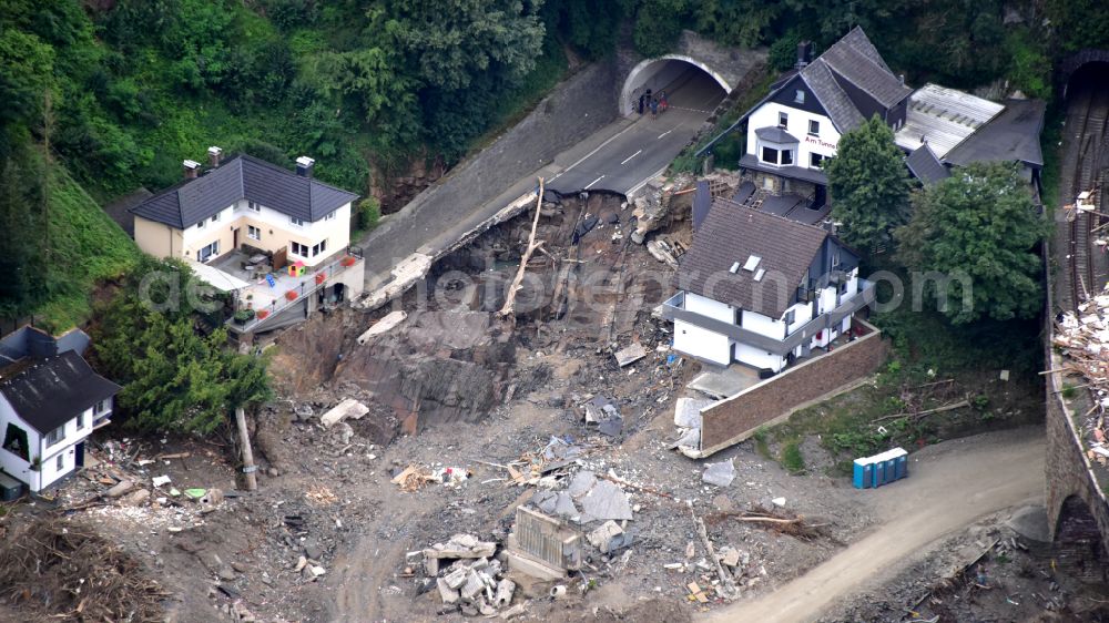 Altenahr from above - Flood damage and reconstruction construction sites in the floodplain of Ahr in Altenahr Ahrtal in the state Rhineland-Palatinate, Germany