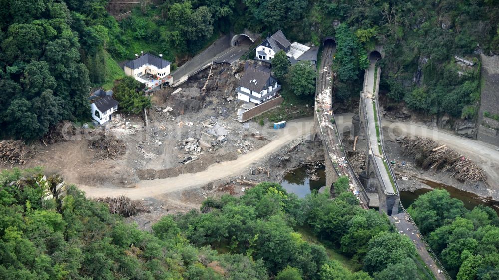 Altenahr from the bird's eye view: Flood damage and reconstruction construction sites in the floodplain of Ahr in Altenahr Ahrtal in the state Rhineland-Palatinate, Germany