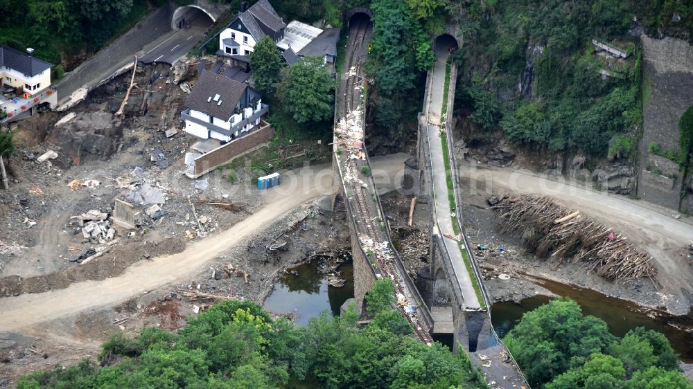 Aerial image Altenahr - Flood damage and reconstruction construction sites in the floodplain of Ahr in Altenahr Ahrtal in the state Rhineland-Palatinate, Germany