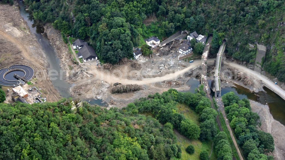 Aerial photograph Altenahr - Flood damage and reconstruction construction sites in the floodplain of Ahr in Altenahr Ahrtal in the state Rhineland-Palatinate, Germany