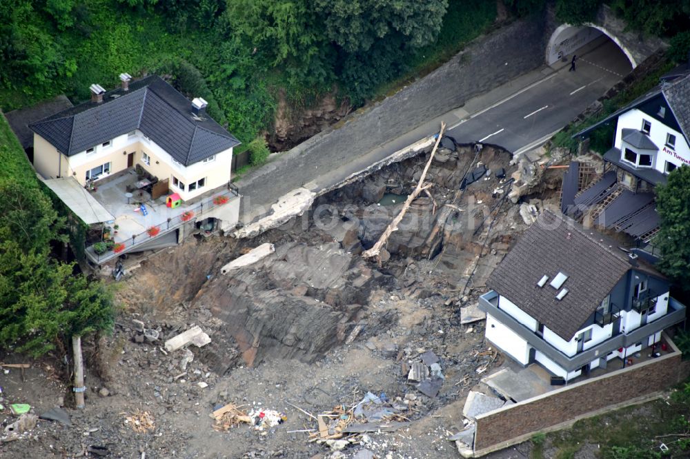 Altenahr from the bird's eye view: Flood damage and reconstruction construction sites in the floodplain of Ahr in Altenahr Ahrtal in the state Rhineland-Palatinate, Germany