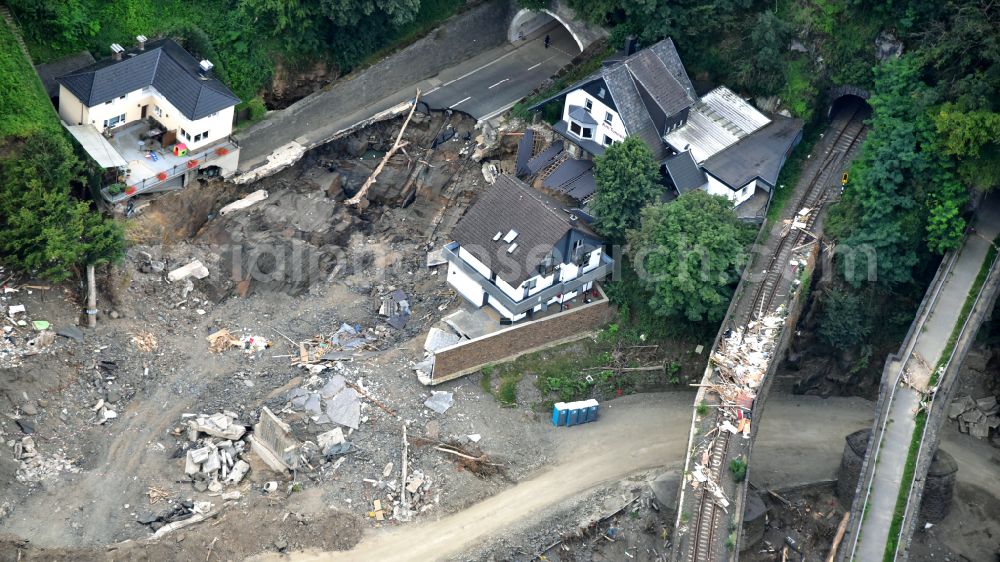 Aerial image Altenahr - Flood damage and reconstruction construction sites in the floodplain of Ahr in Altenahr Ahrtal in the state Rhineland-Palatinate, Germany