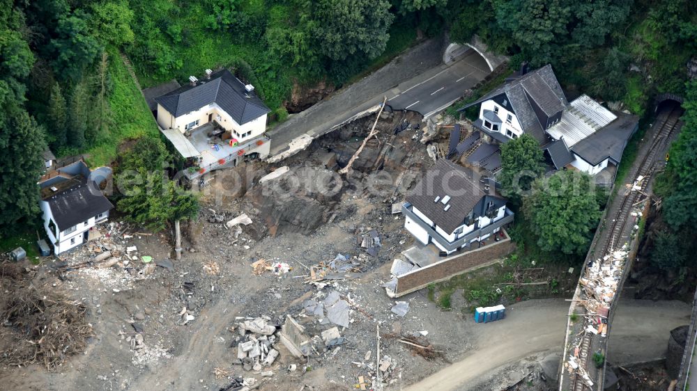 Aerial photograph Altenahr - Flood damage and reconstruction construction sites in the floodplain of Ahr in Altenahr Ahrtal in the state Rhineland-Palatinate, Germany