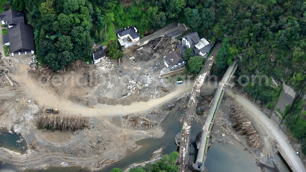 Aerial image Altenahr - Flood damage and reconstruction construction sites in the floodplain of Ahr in Altenahr Ahrtal in the state Rhineland-Palatinate, Germany