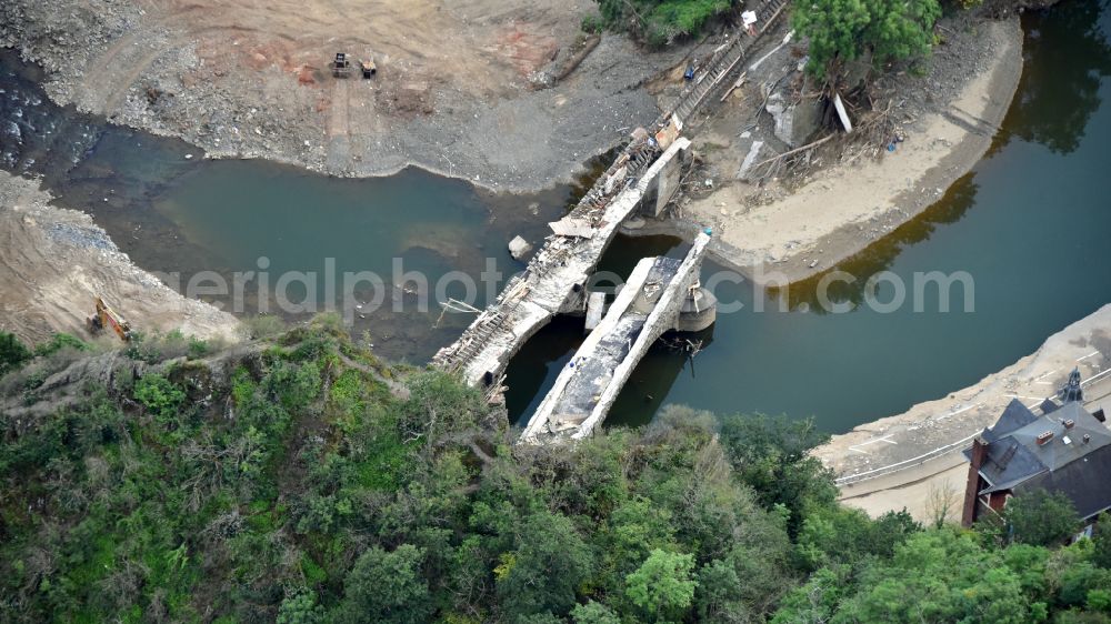 Altenahr from the bird's eye view: Flood damage and reconstruction construction sites in the floodplain of Ahr in Altenahr Ahrtal in the state Rhineland-Palatinate, Germany