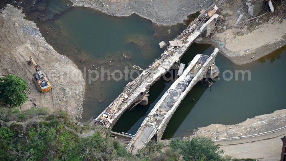 Aerial photograph Altenahr - Flood damage and reconstruction construction sites in the floodplain of Ahr in Altenahr Ahrtal in the state Rhineland-Palatinate, Germany