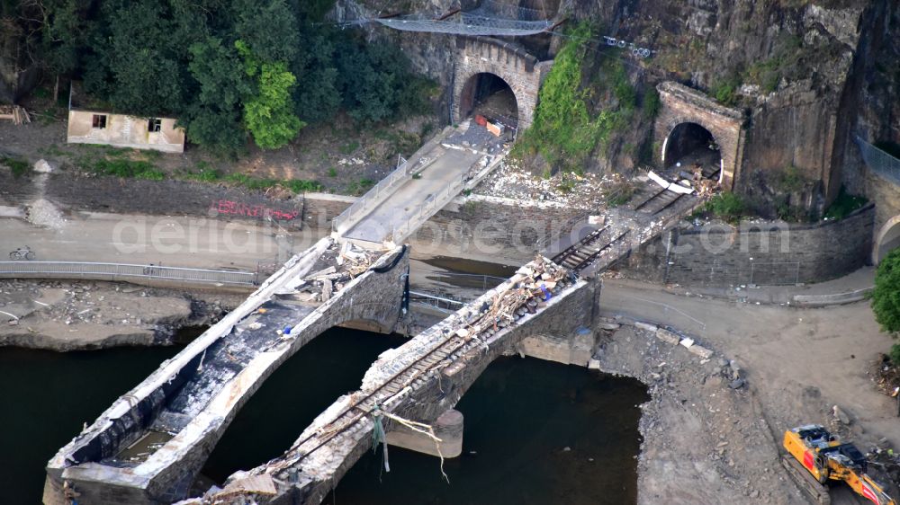 Altenahr from the bird's eye view: Flood damage and reconstruction construction sites in the floodplain of Ahr in Altenahr Ahrtal in the state Rhineland-Palatinate, Germany