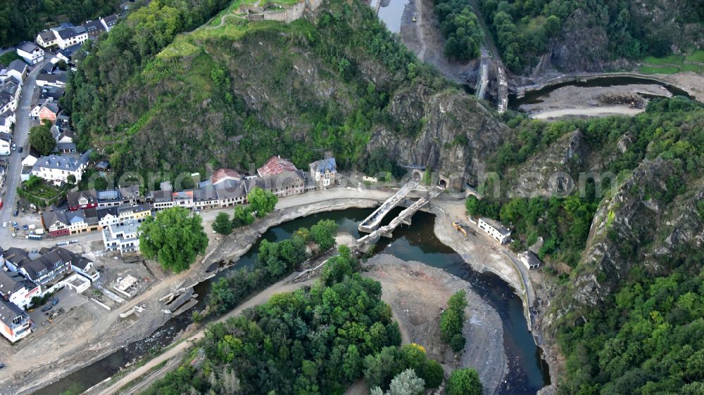 Aerial photograph Altenahr - Flood damage and reconstruction construction sites in the floodplain of Ahr in Altenahr Ahrtal in the state Rhineland-Palatinate, Germany