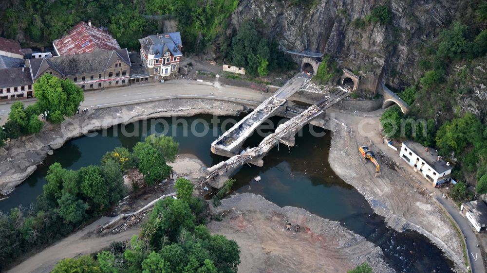 Altenahr from above - Flood damage and reconstruction construction sites in the floodplain of Ahr in Altenahr Ahrtal in the state Rhineland-Palatinate, Germany