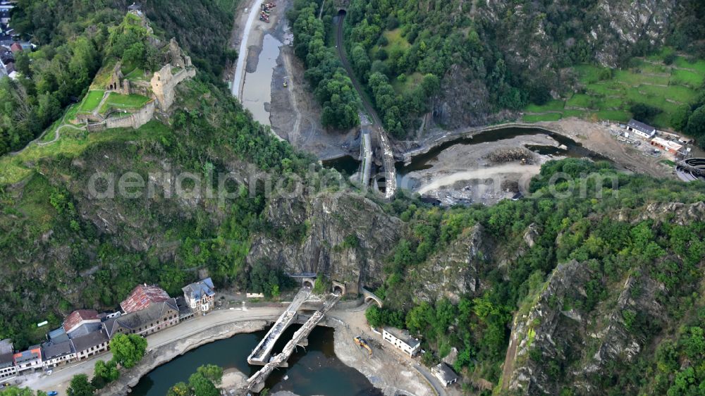 Altenahr from the bird's eye view: Flood damage and reconstruction construction sites in the floodplain of Ahr in Altenahr Ahrtal in the state Rhineland-Palatinate, Germany