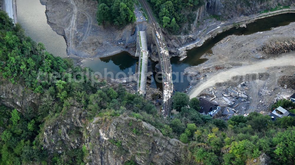 Aerial image Altenahr - Flood damage and reconstruction construction sites in the floodplain of Ahr in Altenahr Ahrtal in the state Rhineland-Palatinate, Germany