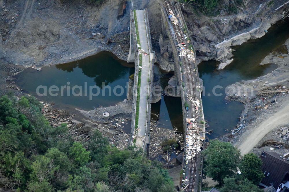 Aerial photograph Altenahr - Flood damage and reconstruction construction sites in the floodplain of Ahr in Altenahr Ahrtal in the state Rhineland-Palatinate, Germany