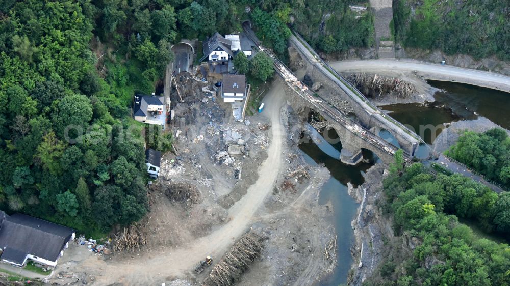 Altenahr from the bird's eye view: Flood damage and reconstruction construction sites in the floodplain of Ahr in Altenahr Ahrtal in the state Rhineland-Palatinate, Germany