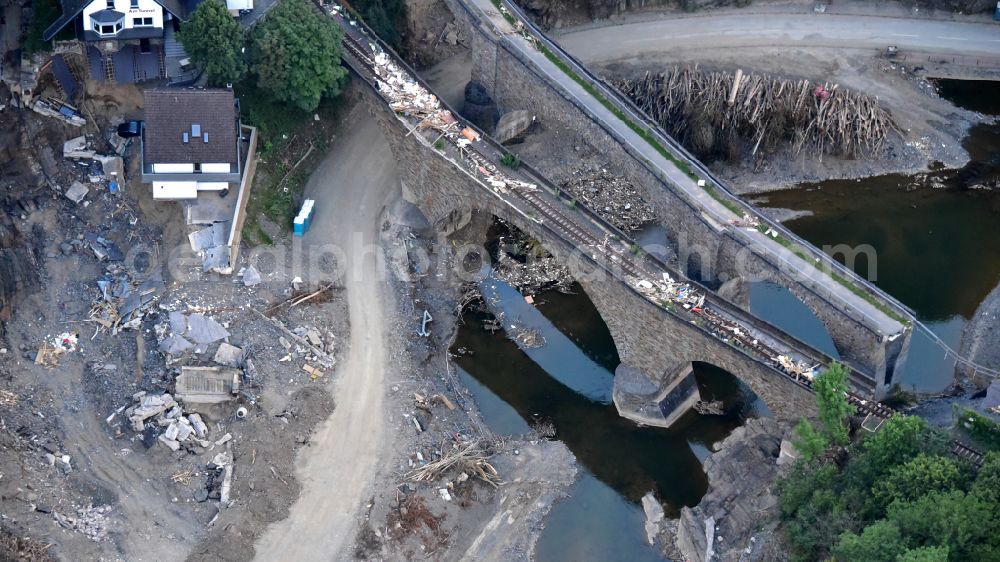 Aerial image Altenahr - Flood damage and reconstruction construction sites in the floodplain of Ahr in Altenahr Ahrtal in the state Rhineland-Palatinate, Germany